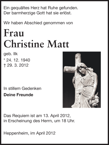Traueranzeige von Christine Matt von Starkenburger Echo