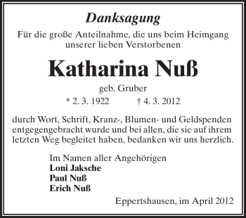 Traueranzeige von Katharina Nuß von Echo-Zeitungen (Gesamtausgabe)