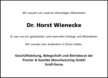Traueranzeige von Horst Wienecke von Rüsselsheimer Echo, Groß-Gerauer-Echo, Ried Echo