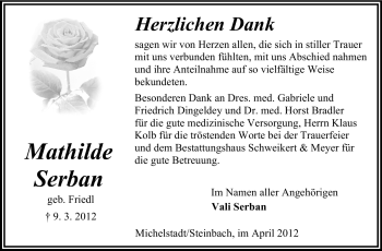 Traueranzeige von Mathilde Serban von Odenwälder Echo