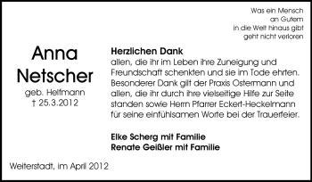 Traueranzeige von Anna Netscher von Echo-Zeitungen (Gesamtausgabe)
