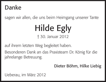 Traueranzeige von Hilde Margarete Egly von Echo-Zeitungen (Gesamtausgabe)