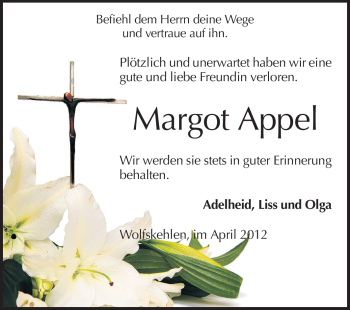 Traueranzeige von Margot Appel von Rüsselsheimer Echo, Groß-Gerauer-Echo, Ried Echo