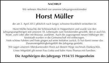 Traueranzeige von Horst Müller von Starkenburger Echo