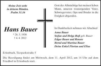 Traueranzeige von Hans Bauer von Starkenburger Echo