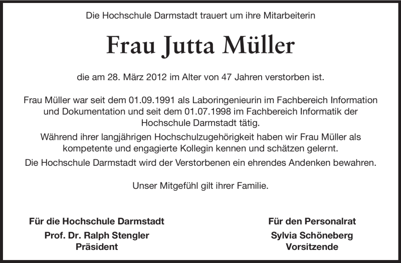  Traueranzeige für Jutta Müller vom 07.04.2012 aus Echo-Zeitungen (Gesamtausgabe)