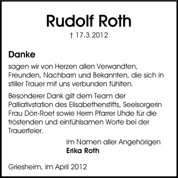 Traueranzeige von Rudolf Roth von Echo-Zeitungen (Gesamtausgabe)