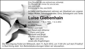 Traueranzeige von Luise Giebenhain von Odenwälder Echo