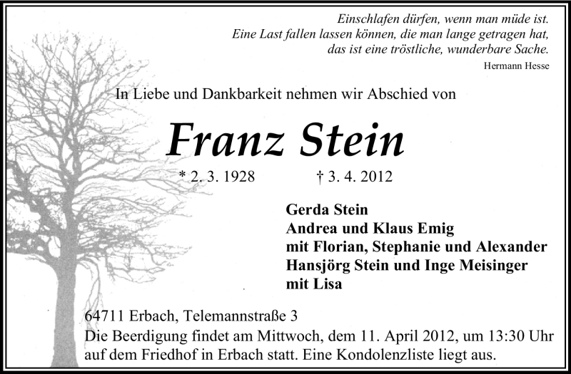  Traueranzeige für Franz Stein vom 07.04.2012 aus Odenwälder Echo