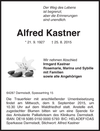 Traueranzeige von Alfred Kastner von trauer.echo-online.de