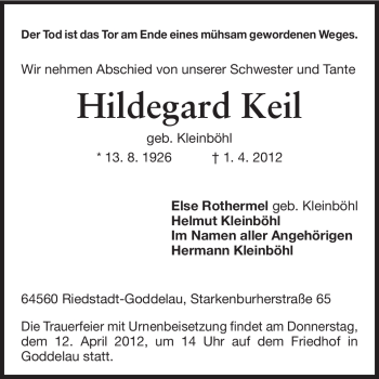 Traueranzeige von Hildegard Keil von Echo-Zeitungen (Gesamtausgabe)