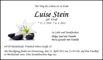 Traueranzeige von Luise Stein von Echo-Zeitungen (Gesamtausgabe)