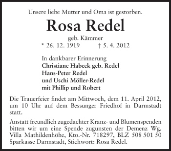 Traueranzeige von Rosa Redel von Echo-Zeitungen (Gesamtausgabe)