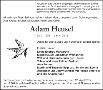 Traueranzeige von Adam Heusel von Odenwälder Echo