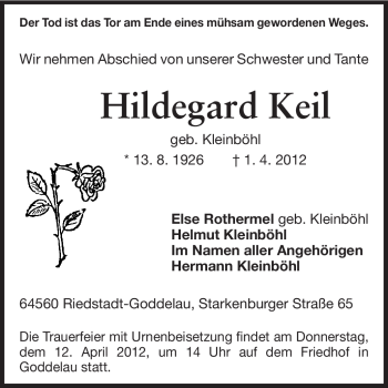 Traueranzeige von Hildegard Keil von Rüsselsheimer Echo, Groß-Gerauer-Echo, Ried Echo