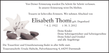 Traueranzeige von Elisabeth Thomi von Darmstädter Echo, Odenwälder Echo, Rüsselsheimer Echo, Groß-Gerauer-Echo, Ried Echo