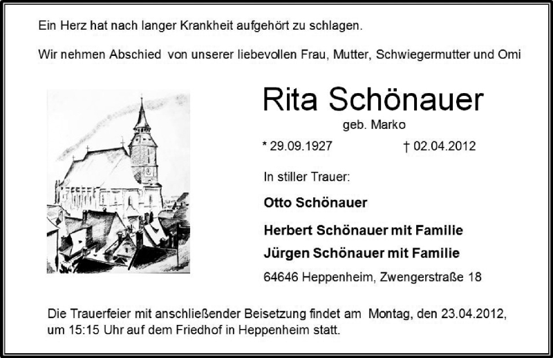  Traueranzeige für Rita Schönauer vom 18.04.2012 aus Starkenburger Echo