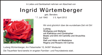 Traueranzeige von Ingrid Würtemberger von Darmstädter Echo, Odenwälder Echo, Rüsselsheimer Echo, Groß-Gerauer-Echo, Ried Echo