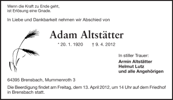 Traueranzeige von Adam Altstätter von Odenwälder Echo