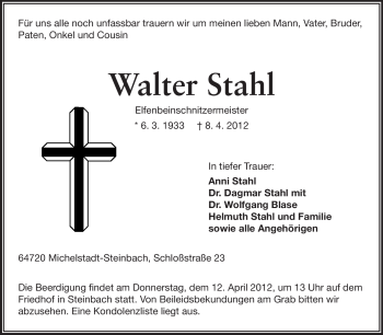 Traueranzeige von Walter Stahl von Odenwälder Echo