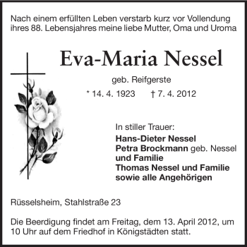 Traueranzeige von Eva-Maria Nessel von Rüsselsheimer Echo, Groß-Gerauer-Echo, Ried Echo