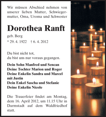 Traueranzeige von Dorothea Ranft von Darmstädter Echo, Odenwälder Echo, Rüsselsheimer Echo, Groß-Gerauer-Echo, Ried Echo