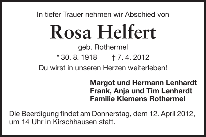  Traueranzeige für Rosa Helfert vom 11.04.2012 aus Starkenburger Echo
