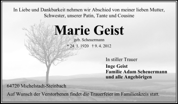 Traueranzeige von Marie Geist von Odenwälder Echo