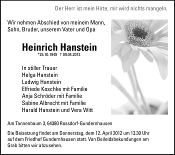 Traueranzeige von Heinrich Hanstein von Echo-Zeitungen (Gesamtausgabe)