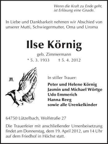 Traueranzeige von Ilse Körnig von Odenwälder Echo