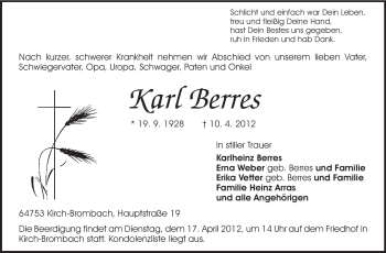 Traueranzeige von Karl Berres von Odenwälder Echo