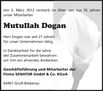 Traueranzeige von Mutullah Dogan von Echo-Zeitungen (Gesamtausgabe)