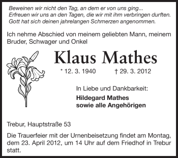 Traueranzeige von Klaus Mathes von Rüsselsheimer Echo, Groß-Gerauer-Echo, Ried Echo