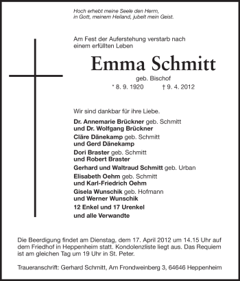 Traueranzeige von Emma Schmitt von Starkenburger Echo