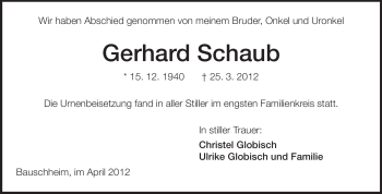 Traueranzeige von Gerhard Schaub von Rüsselsheimer Echo, Groß-Gerauer-Echo, Ried Echo