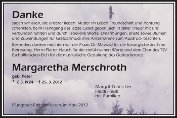 Traueranzeige von Margaretha Merschroth von Echo-Zeitungen (Gesamtausgabe)