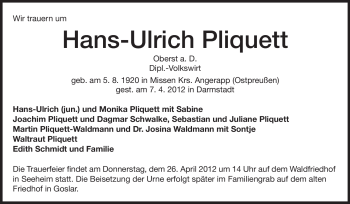 Traueranzeige von Hans-Ulrich Pliquett von Echo-Zeitungen (Gesamtausgabe)