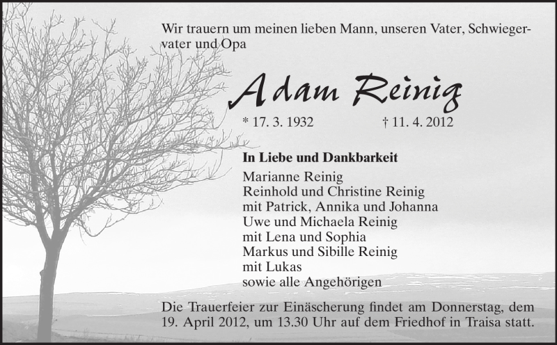  Traueranzeige für Adam Reinig vom 14.04.2012 aus Echo-Zeitungen (Gesamtausgabe)