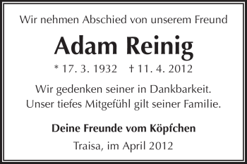 Traueranzeige von Adam Reinig von Echo-Zeitungen (Gesamtausgabe)
