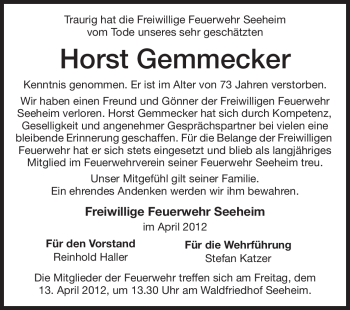 Traueranzeige von Horst Gemmecker von Echo-Zeitungen (Gesamtausgabe)