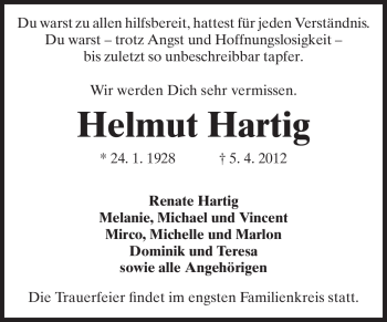 Traueranzeige von Helmut Hartig von Darmstädter Echo, Odenwälder Echo, Rüsselsheimer Echo, Groß-Gerauer-Echo, Ried Echo