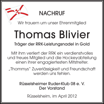 Traueranzeige von Thomas Blivier von Rüsselsheimer Echo, Groß-Gerauer-Echo, Ried Echo