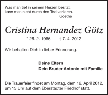 Traueranzeige von Cristina Hernandez Götz von Echo-Zeitungen (Gesamtausgabe)