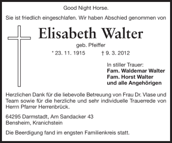 Traueranzeige von Elisabeth Walter von Darmstädter Echo, Odenwälder Echo, Rüsselsheimer Echo, Groß-Gerauer-Echo, Ried Echo