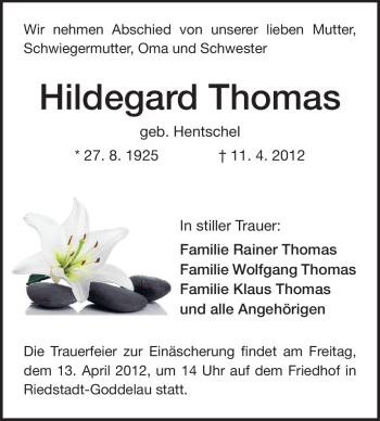 Traueranzeige von Hildegard Thomas von Rüsselsheimer Echo, Groß-Gerauer-Echo, Ried Echo