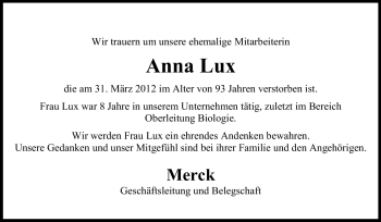 Traueranzeige von Anna Lux von Echo-Zeitungen (Gesamtausgabe)