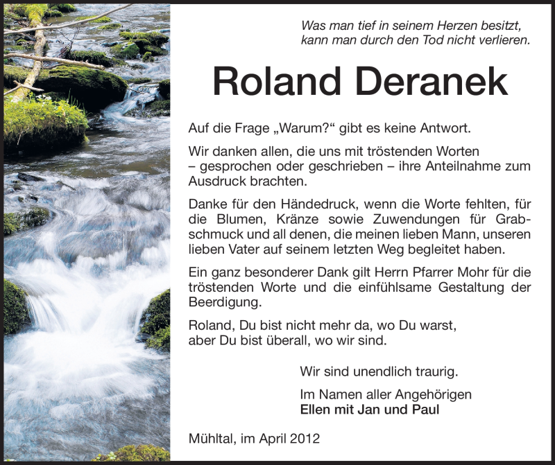  Traueranzeige für Roland Deranek vom 14.04.2012 aus Echo-Zeitungen (Gesamtausgabe)