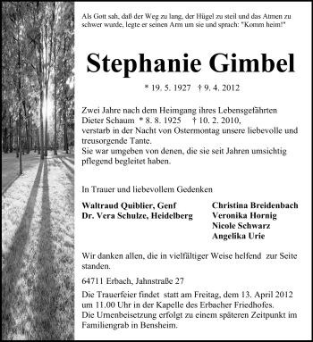 Traueranzeige von Stephanie Gimbel von Odenwälder Echo