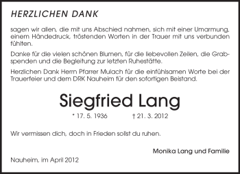 Traueranzeige von Siegfried Lang von Rüsselsheimer Echo, Groß-Gerauer-Echo, Ried Echo