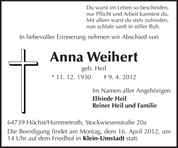 Traueranzeige von Anna Weihert von Darmstädter Echo, Odenwälder Echo, Rüsselsheimer Echo, Groß-Gerauer-Echo, Ried Echo